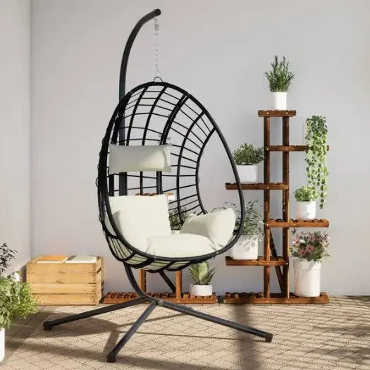 Chaise Œuf Suspendue en Rotin Naturel & Acier Anthracite | Pivotante, Poignées & Coussins Inclus Flottea