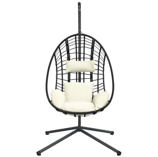 Chaise Œuf Suspendue en Rotin Naturel & Acier Anthracite | Pivotante, Poignées & Coussins Inclus Flottea