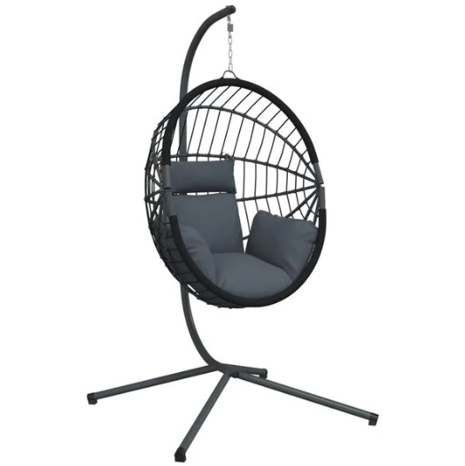 Chaise Œuf Suspendue Rotin & Corde Naturelle Anthracite | Pivotante, Coussin Gris Inclus