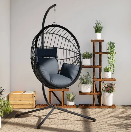 Chaise Œuf Suspendue Rotin & Corde Naturelle Anthracite | Pivotante, Coussin Gris Inclus