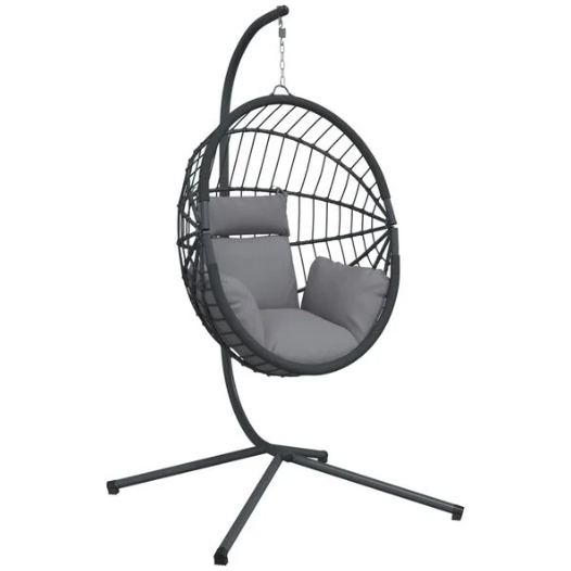 Chaise Œuf Suspendue Rotin & Corde Naturelle Anthracite | Pivotante, Coussin Gris Inclus