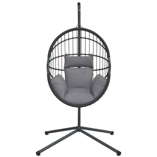 Chaise Œuf Suspendue Rotin & Corde Naturelle Anthracite | Pivotante, Coussin Gris Inclus