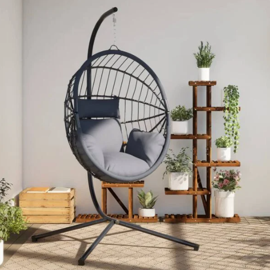 Chaise Œuf Suspendue Rotin & Corde Naturelle Anthracite | Pivotante, Coussin Gris Inclus