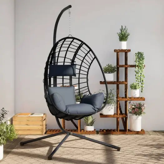 Chaise Œuf Suspendue en Rotin Naturel & Acier Anthracite | Pivotante, Poignées & Coussins Inclus Flottea