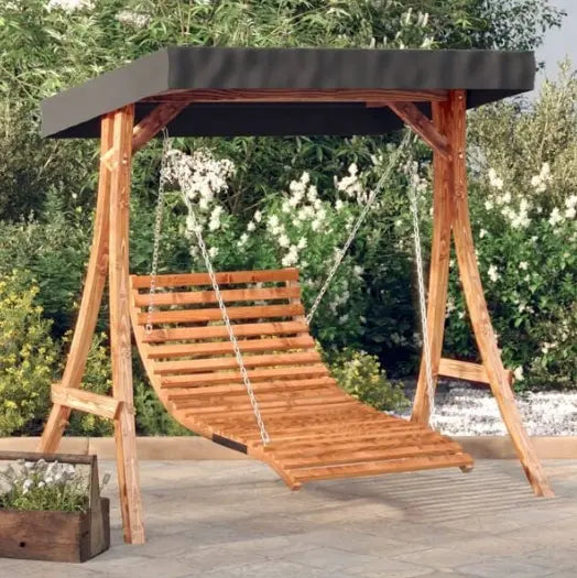 Lit Balançoire avec Auvent en Bois d'Épicéa Finition Teck | Cadre Inclus, Anti-UV Flottea