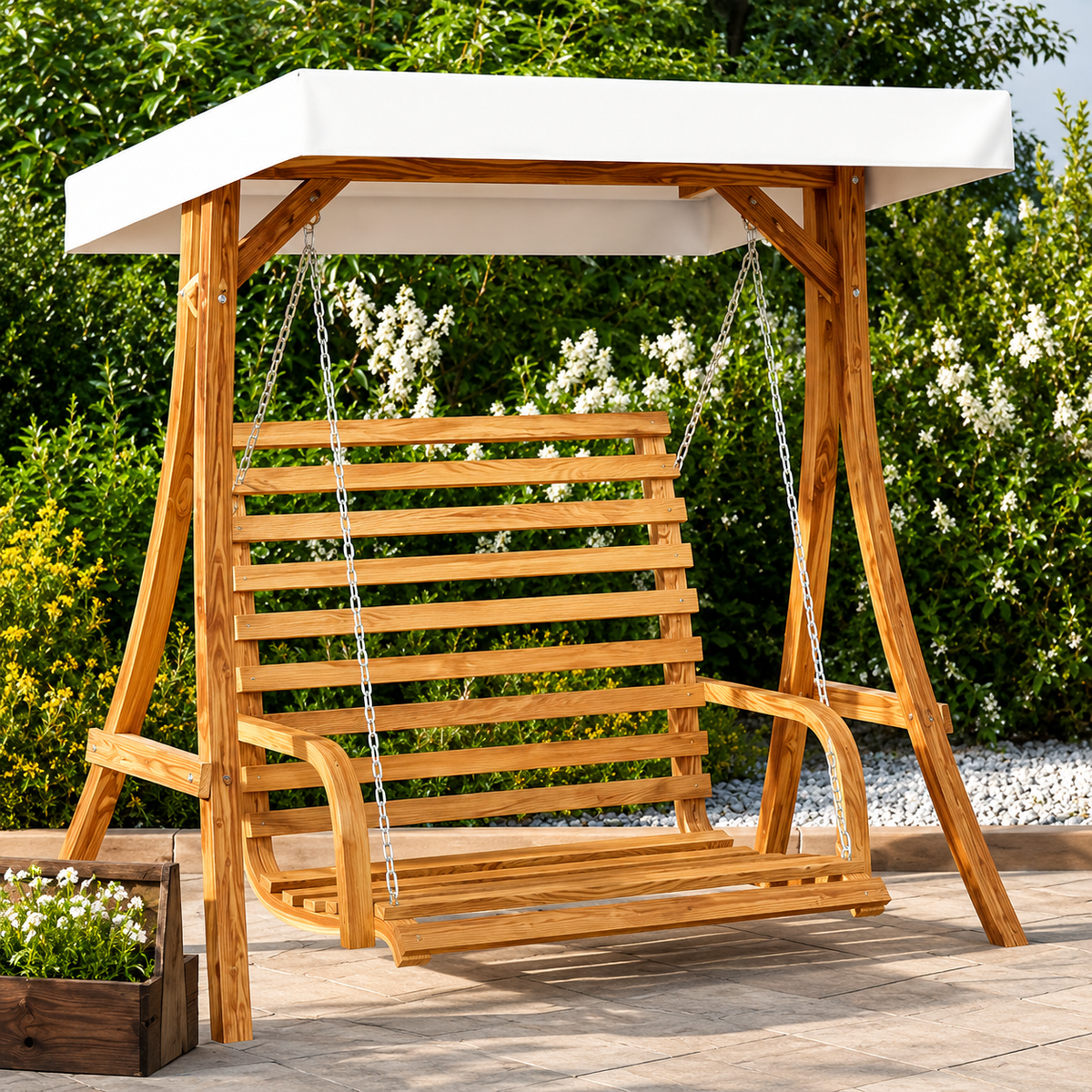 Balancelle de Jardin avec Auvent en Bois d'Épicéa Finition Teck | Cadre & Chaînes Inclus Flottea