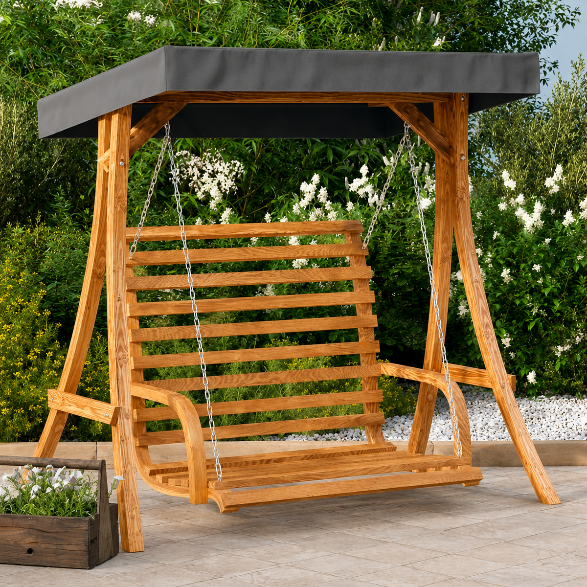 Balancelle de Jardin avec Auvent en Bois d'Épicéa Finition Teck | Cadre & Chaînes Inclus Flottea