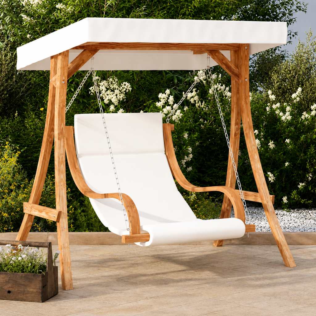 Chaise Balançoire avec Auvent & Coussin en Bois d'Épicéa | Cadre Inclus, Finition Teck Flottea