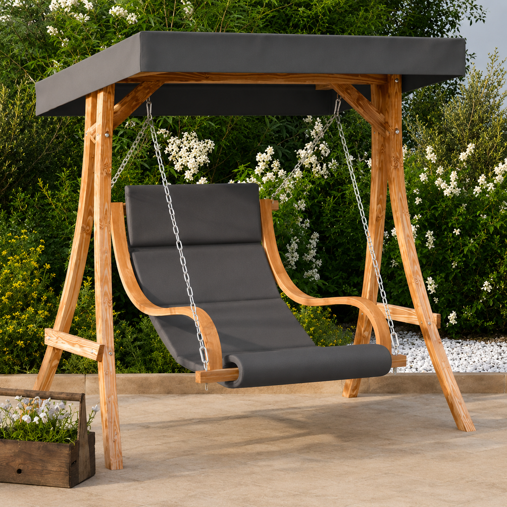 Chaise Balançoire avec Auvent & Coussin en Bois d'Épicéa | Cadre Inclus, Finition Teck Flottea