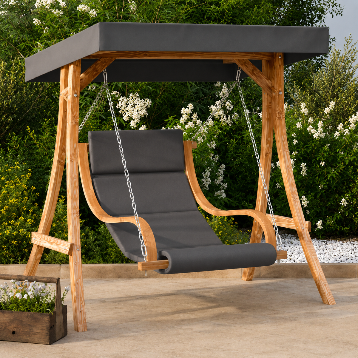 Chaise Balançoire avec Auvent & Coussin en Bois d'Épicéa | Cadre Inclus, Finition Teck Flottea