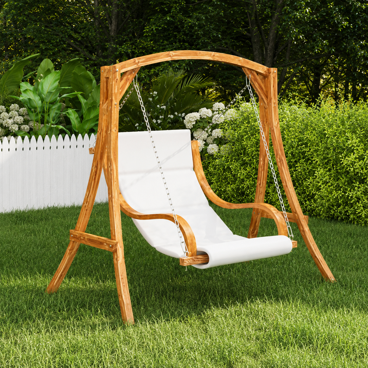 Balancelle en Bois Massif Finition Teck | Coussin Crème & Chaînes Inclus, Sans Cadre Flottea