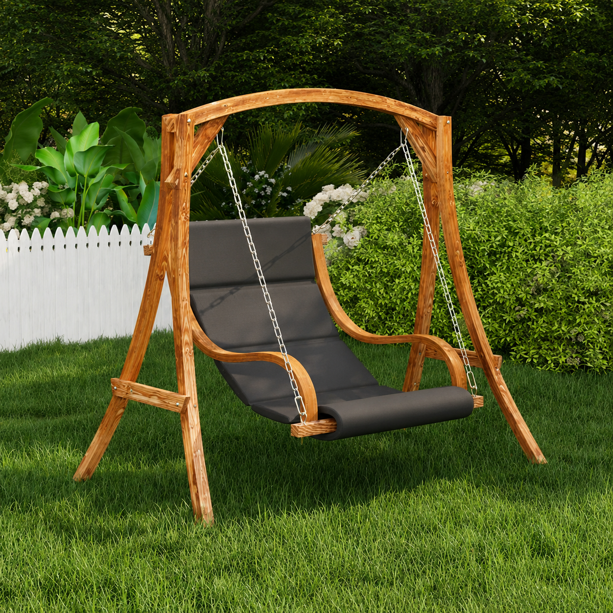 Balancelle en Bois Massif Finition Teck | Coussin Crème & Chaînes Inclus, Sans Cadre Flottea