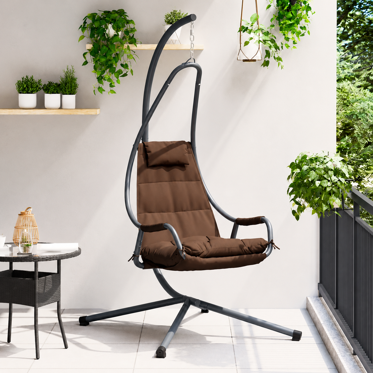 Fauteuil Œuf Suspendu avec Support Acier Beige | Pliable, Coussin Inclus, Intérieur & Extérieur Flottea
