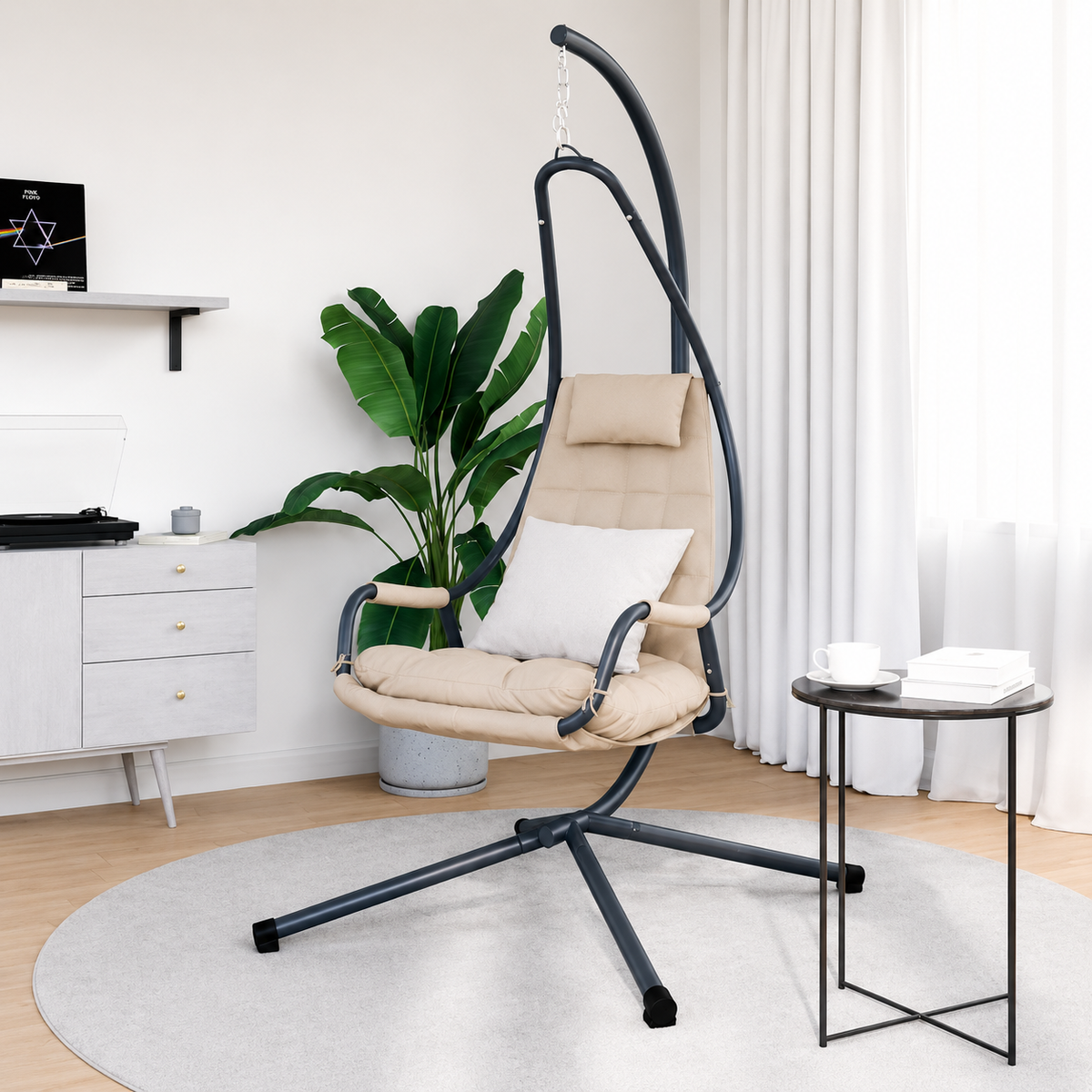 Fauteuil Œuf Suspendu avec Support Acier Beige | Pliable, Coussin Inclus, Intérieur & Extérieur Flottea