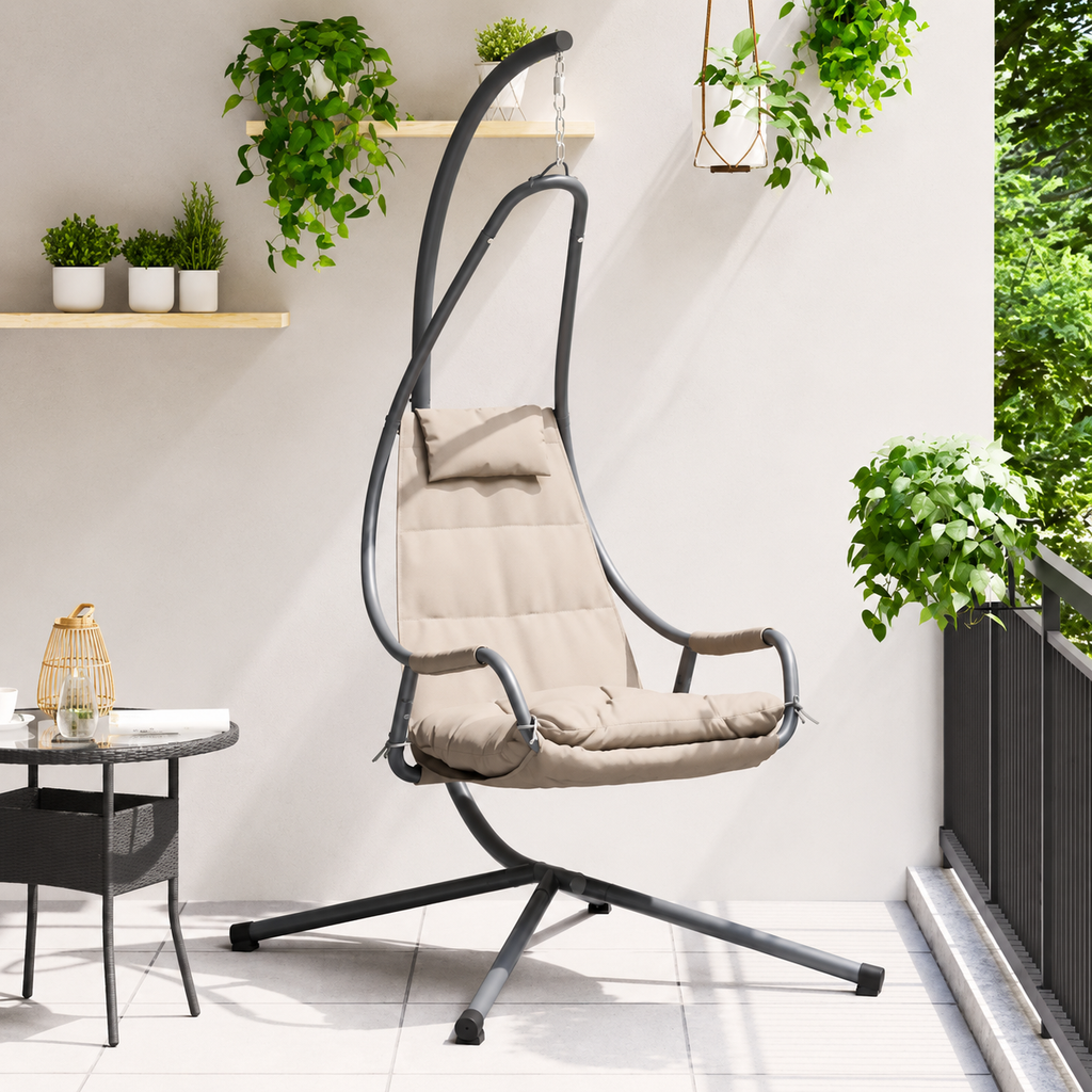 Fauteuil Œuf Suspendu avec Support Acier Beige | Pliable, Coussin Inclus, Intérieur & Extérieur Flottea