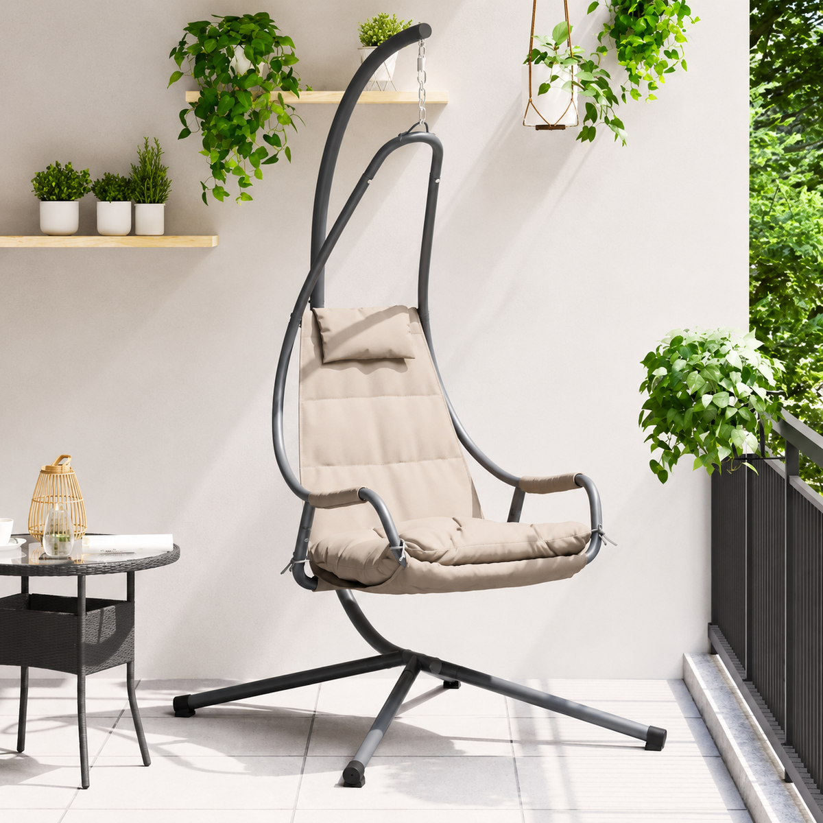 Fauteuil Œuf Suspendu avec Support Acier Beige | Pliable, Coussin Inclus, Intérieur & Extérieur Flottea