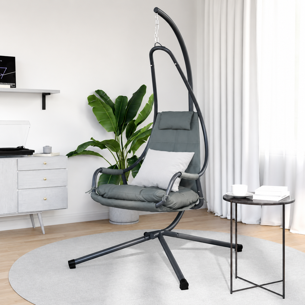 Fauteuil Œuf Suspendu avec Support Acier Beige | Pliable, Coussin Inclus, Intérieur & Extérieur Flottea