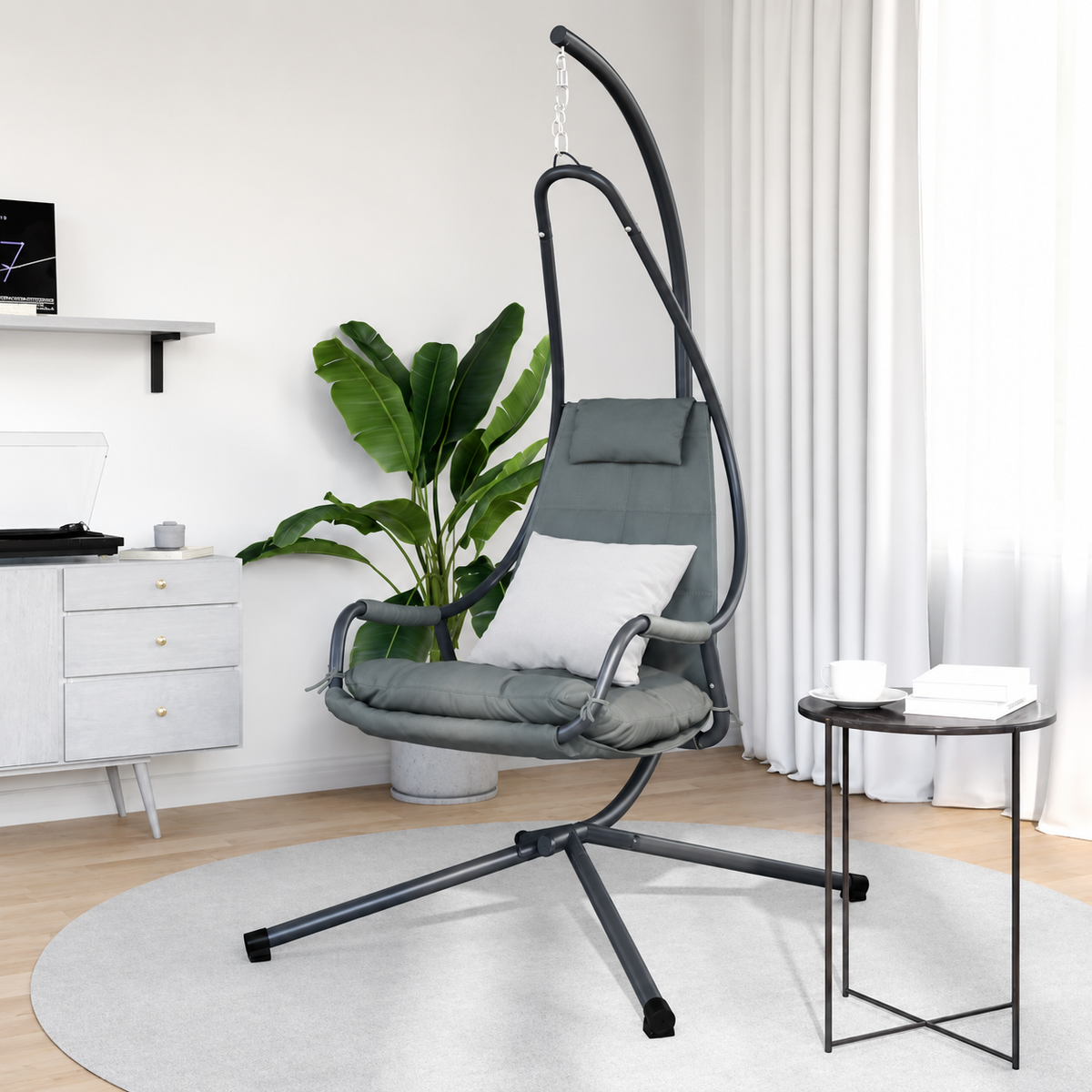 Fauteuil Œuf Suspendu avec Support Acier Beige | Pliable, Coussin Inclus, Intérieur & Extérieur Flottea