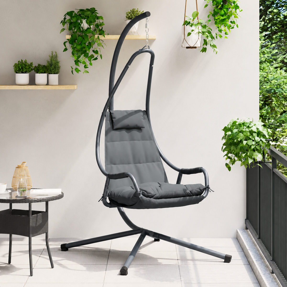 Fauteuil Œuf Suspendu avec Support Acier Beige | Pliable, Coussin Inclus, Intérieur & Extérieur Flottea