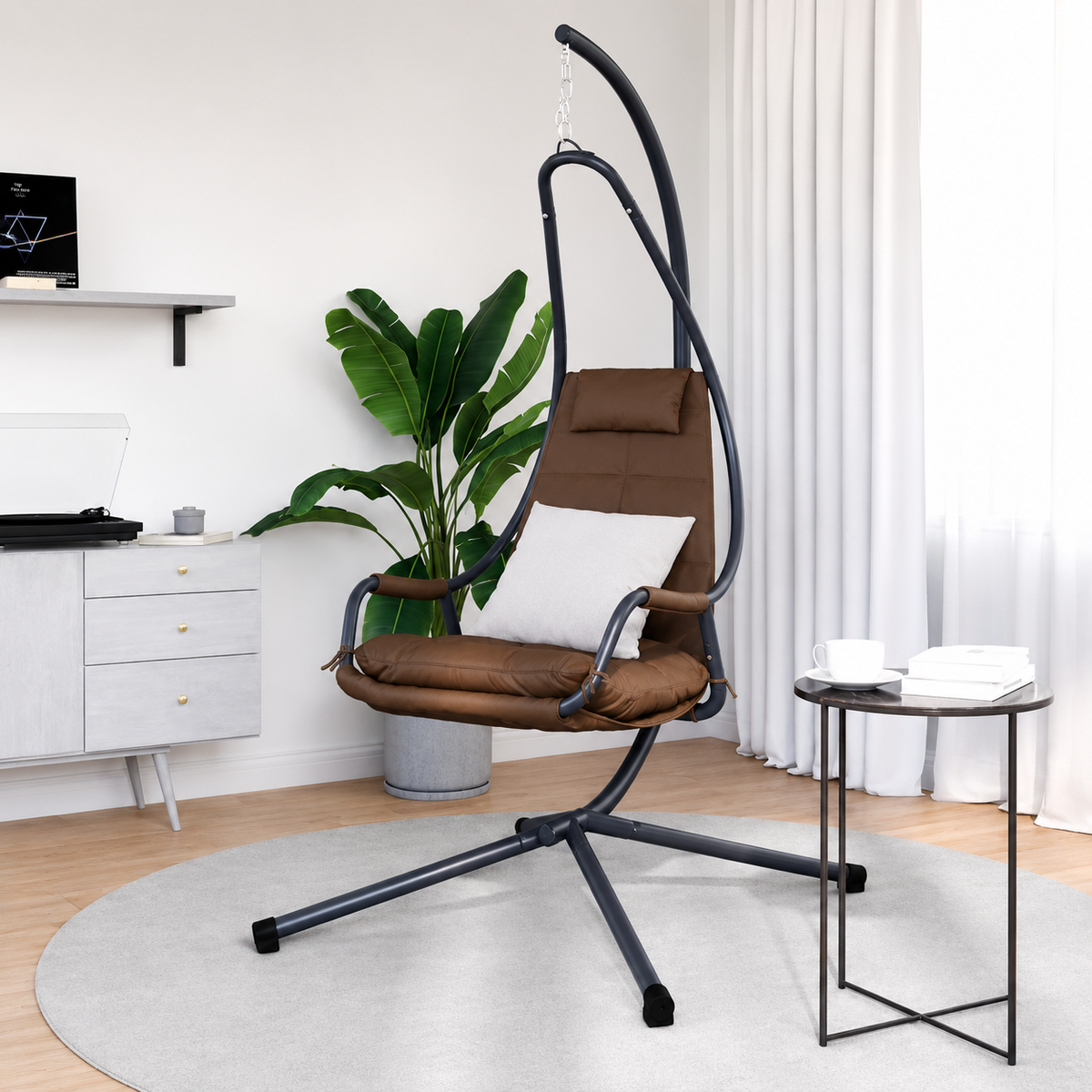 Fauteuil Œuf Suspendu avec Support Acier Beige | Pliable, Coussin Inclus, Intérieur & Extérieur Flottea
