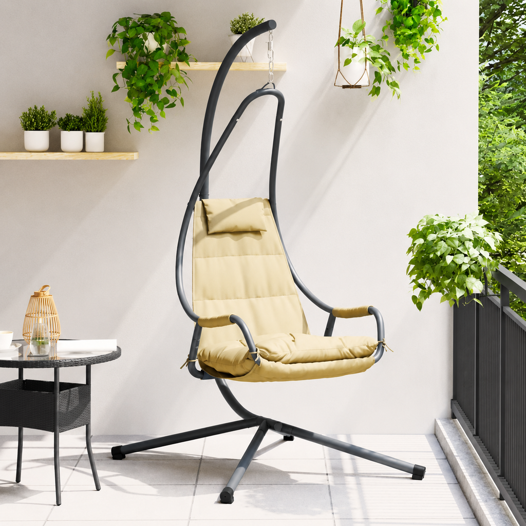 Fauteuil Œuf Suspendu avec Support Acier Beige | Pliable, Coussin Inclus, Intérieur & Extérieur Flottea