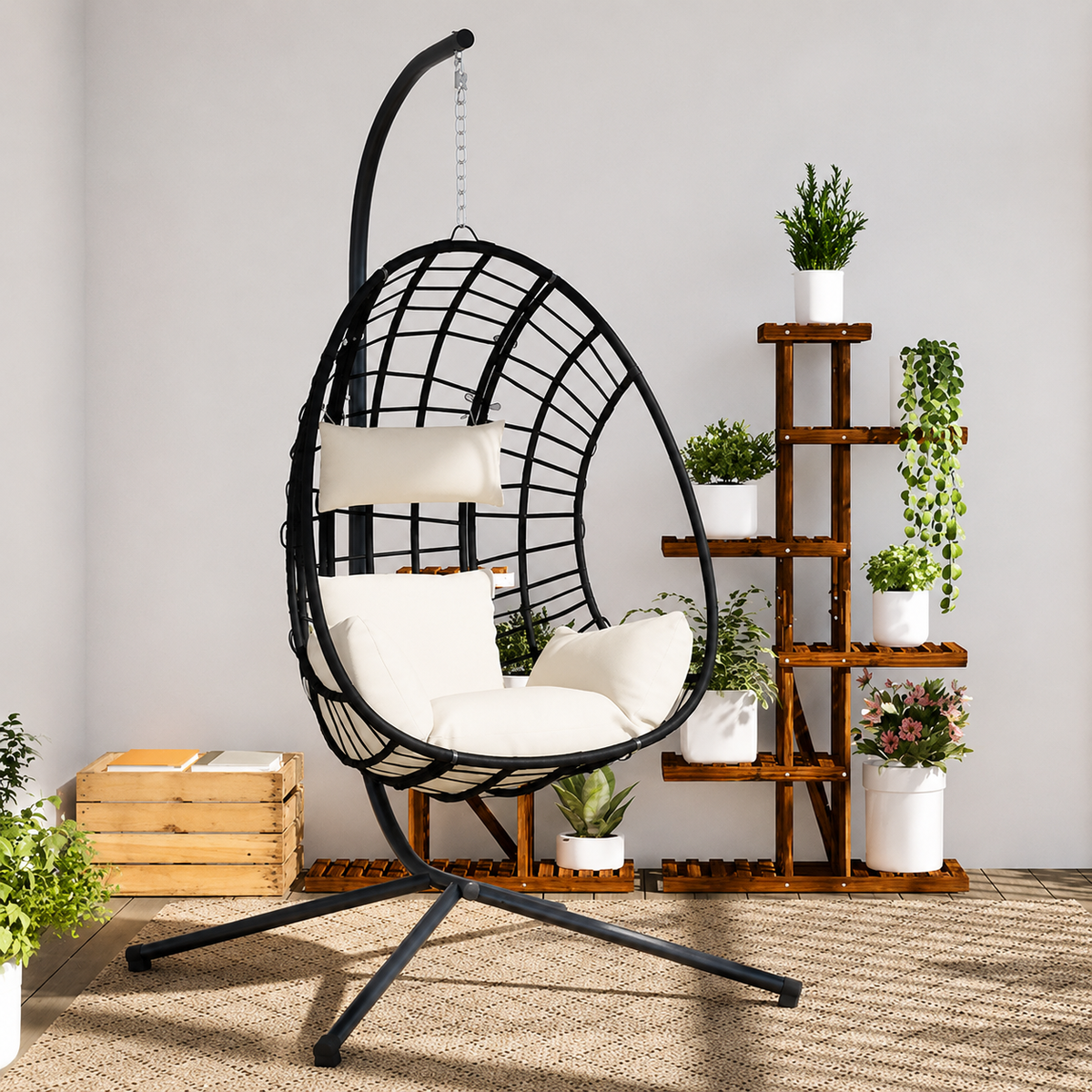 Chaise Œuf Suspendue en Rotin Naturel & Acier Anthracite | Pivotante, Poignées & Coussins Inclus Flottea