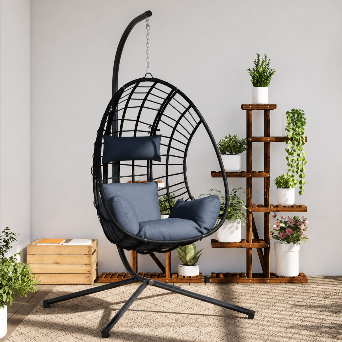 Chaise Œuf Suspendue en Rotin Naturel & Acier Anthracite | Pivotante, Poignées & Coussins Inclus Flottea