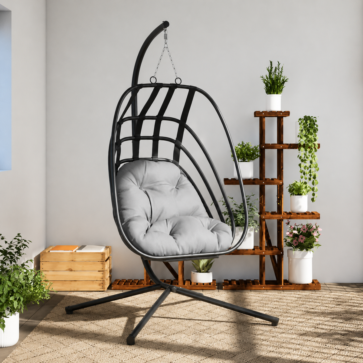 Chaise Œuf Suspendue Pivotante en Polypropylène Anthracite | Design Minimaliste 3 Ceintures Flottea