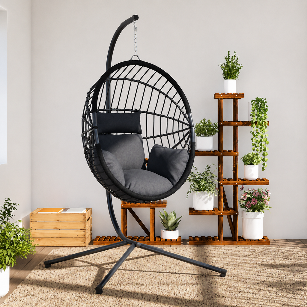 Chaise Œuf Suspendue Rotin & Corde Naturelle Anthracite | Pivotante, Coussin Gris Inclus Flottea