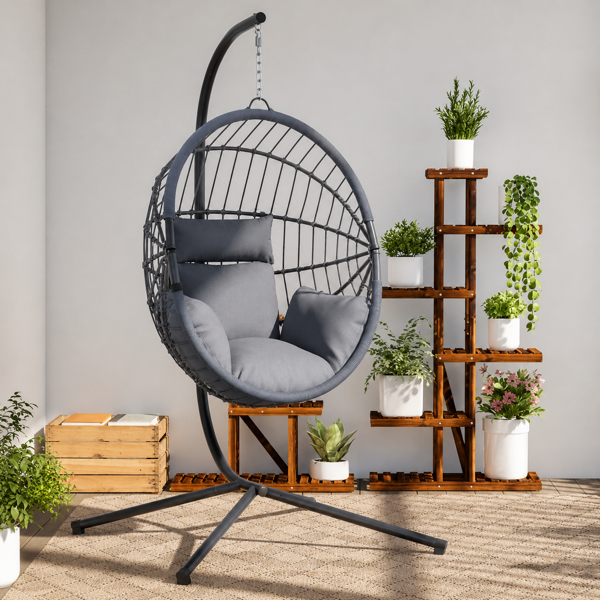 Chaise Œuf Suspendue Rotin & Corde Naturelle Anthracite | Pivotante, Coussin Gris Inclus Flottea