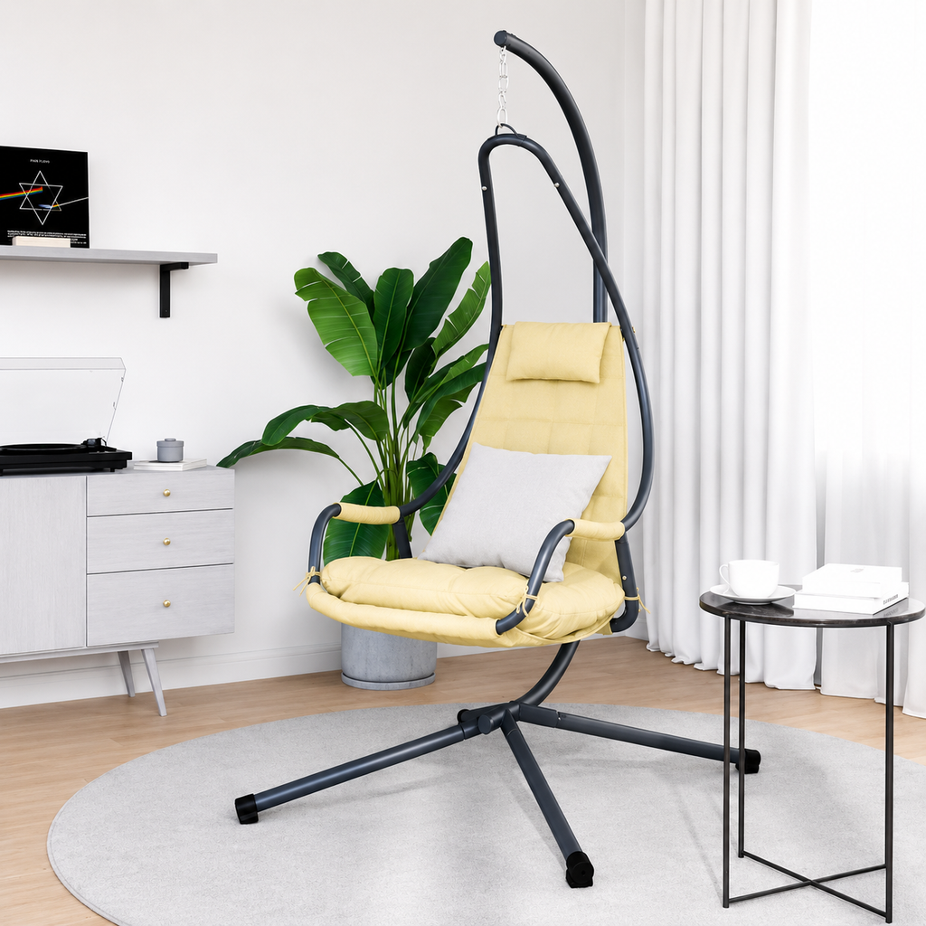 Fauteuil Œuf Suspendu avec Support Acier Beige | Pliable, Coussin Inclus, Intérieur & Extérieur Flottea